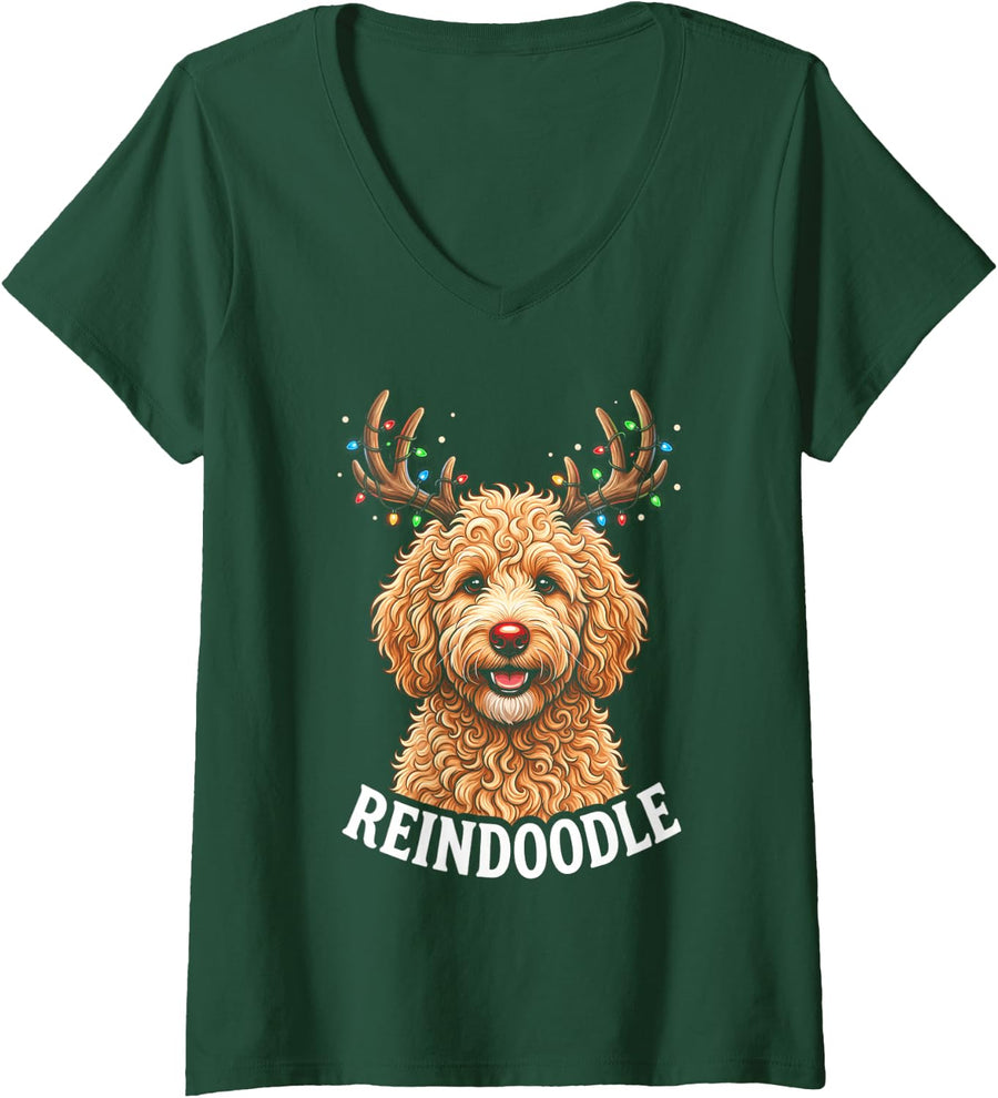 Women's Christmas Goldendoodle Reindeer Reindoodle Doodle Dog V-Neck T-Shirt - Dark Green
