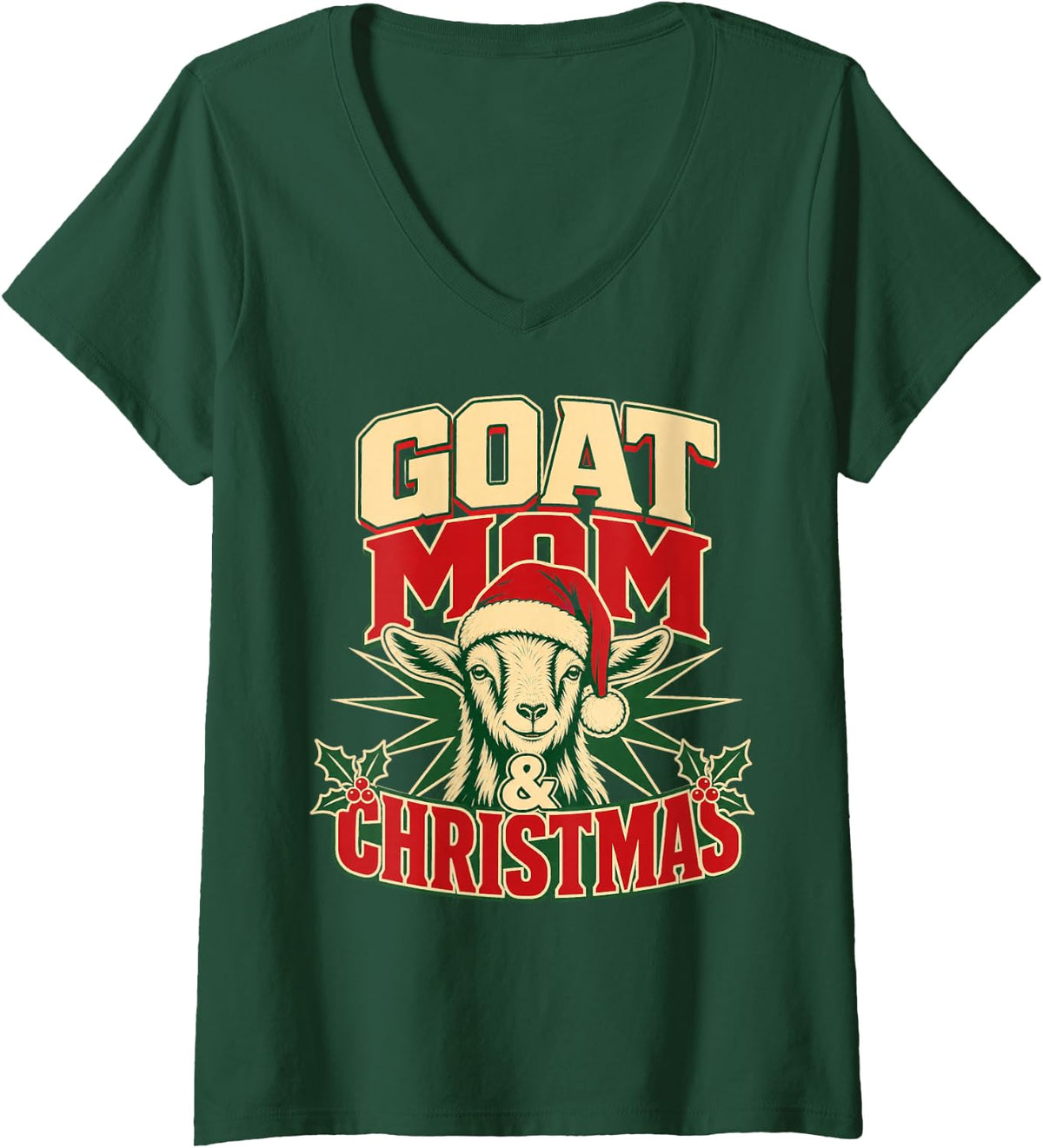 Women's Goat Mom & Christmas Farm Animal V-Neck T-Shirt - Dark Green