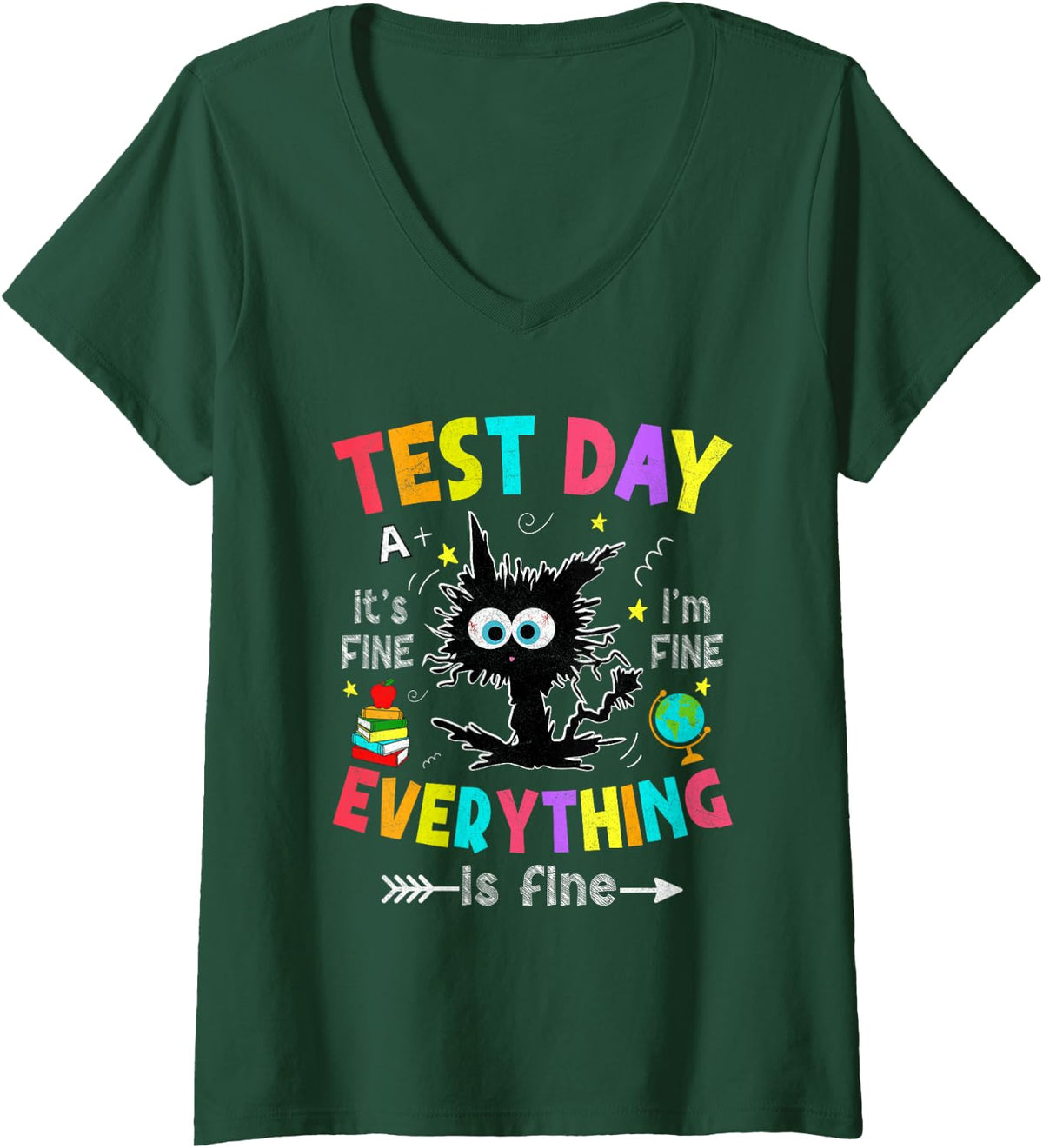 Women's Test Day Funny Stressed Cat Teacher Student Kids Testing Day V-Neck T-Shirt - Dark Green