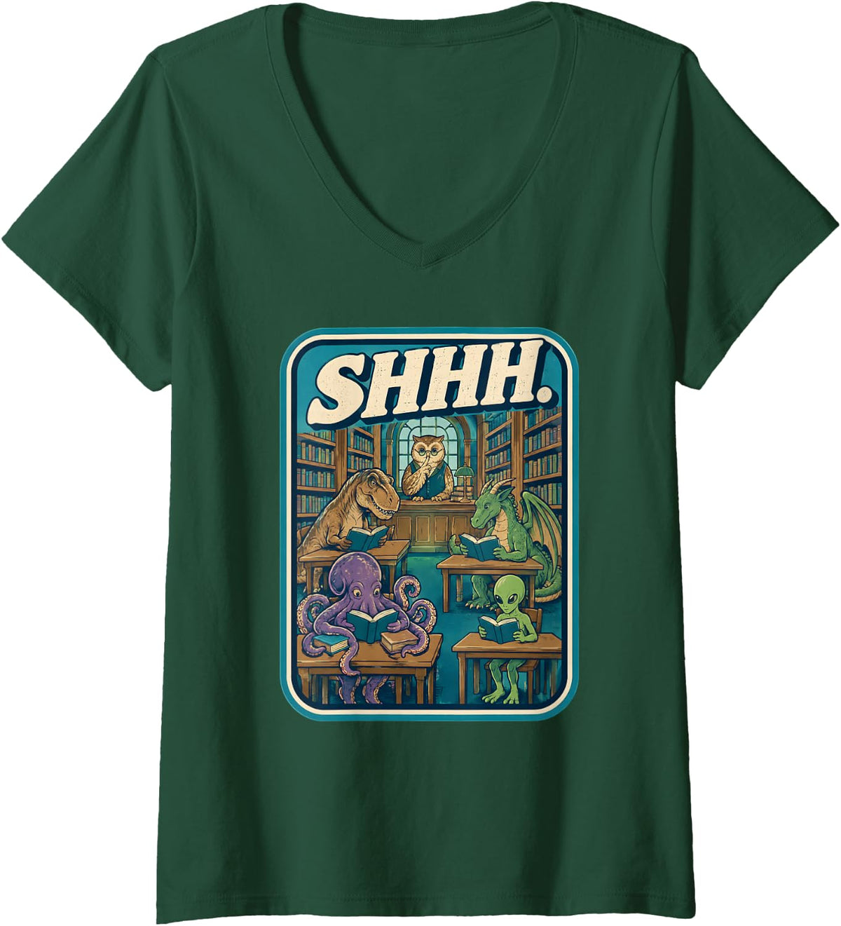Women's Shhh Library Book Reading Owl Dinosaur V-Neck T-Shirt - Dark Green
