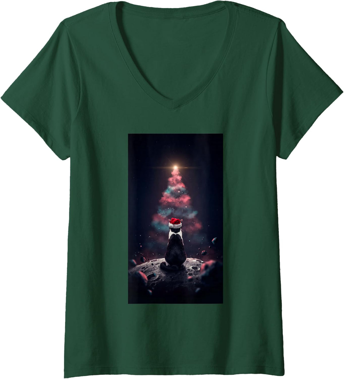 Women's Tuxedo Cat Santa Hat Nebula Christmas Tree Space Cat Lover V-Neck T-Shirt - Dark Green