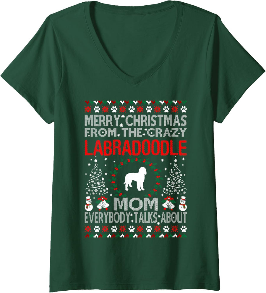 Women's Merry Christmas from Labradoodle Dog Mom Ugly Sweater Gift V-Neck T-Shirt - Dark Green