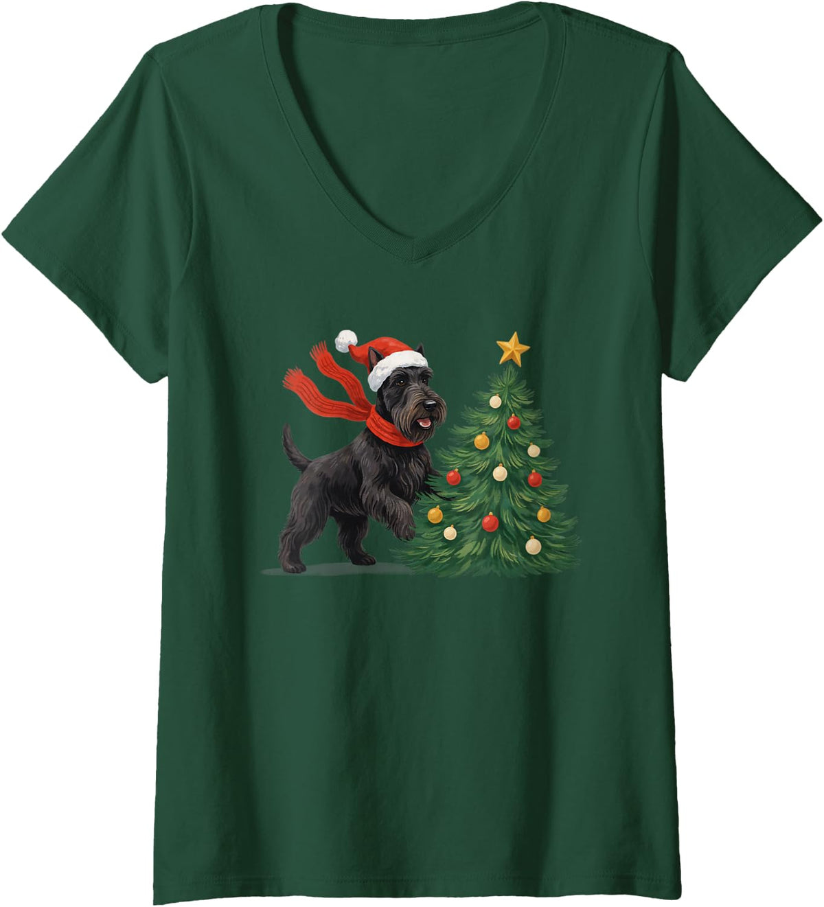 Women's Merry Christmas Scottish Terrier Scottie Santa Hat Tree V-Neck T-Shirt - Dark Green