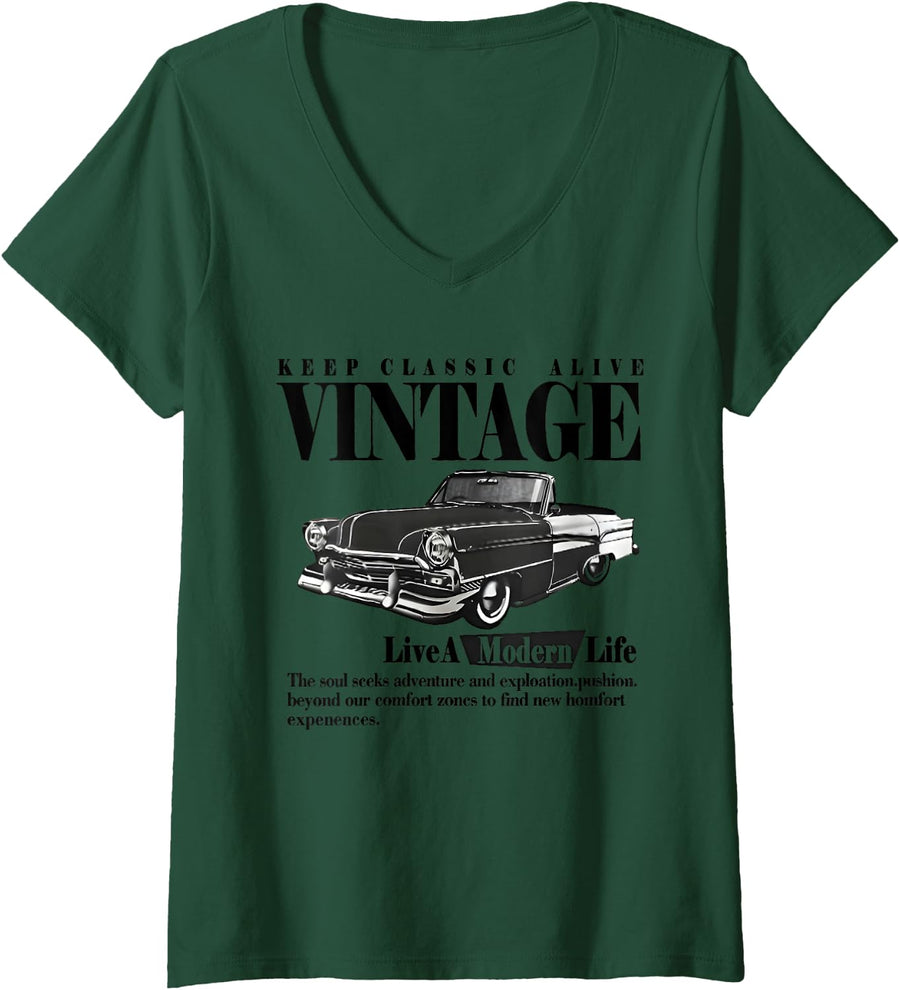 Women's Classic Car Gifts Vintage Car American Classic Car Birthday V-Neck T-Shirt - Dark Green