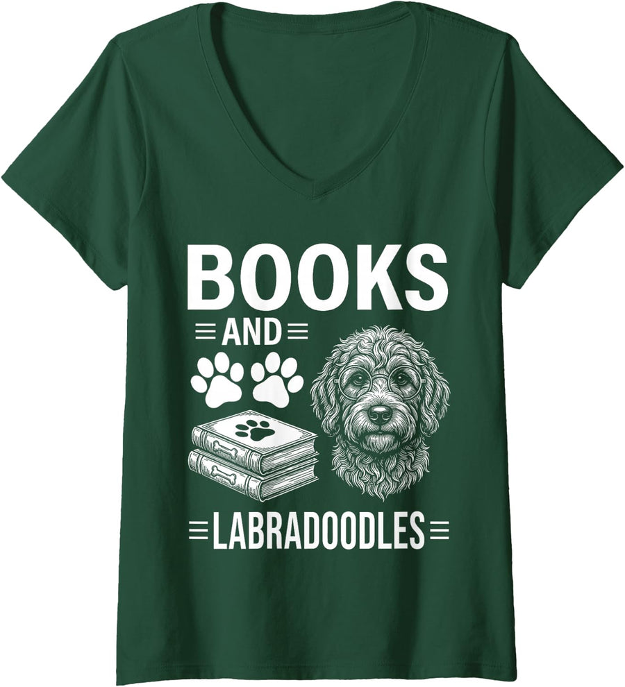 Women's Books and Labradoodles Funny Labradoodle V-Neck T-Shirt - Dark Green