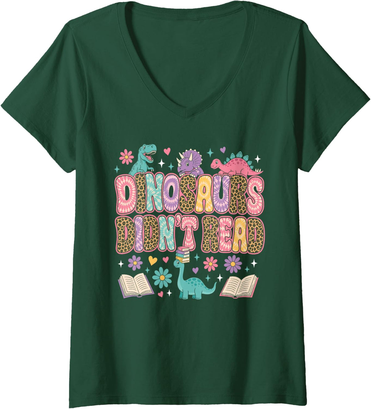 Women's Dinosaurs Didnt Read Groovy Reading Teacher Women V-Neck T-Shirt - Dark Green