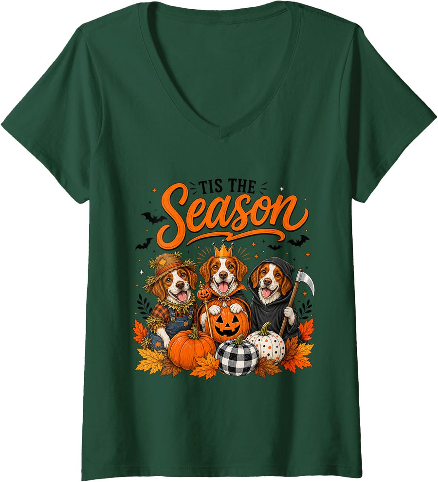 Women's Tis The Season Halloween English Springer Spaniel Costume V-Neck T-Shirt - Dark Green