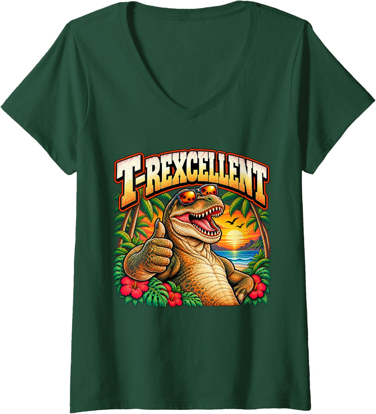 Women's T-Rexcellent Funny T-Rex Dinosaur Thumbs Up Humor V-Neck T-Shirt - Dark Green