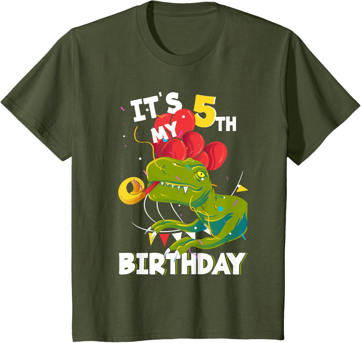 Kids Its My 5th Birthday 5 Year Old T-Rex Birthday T-Shirt - Olive Green