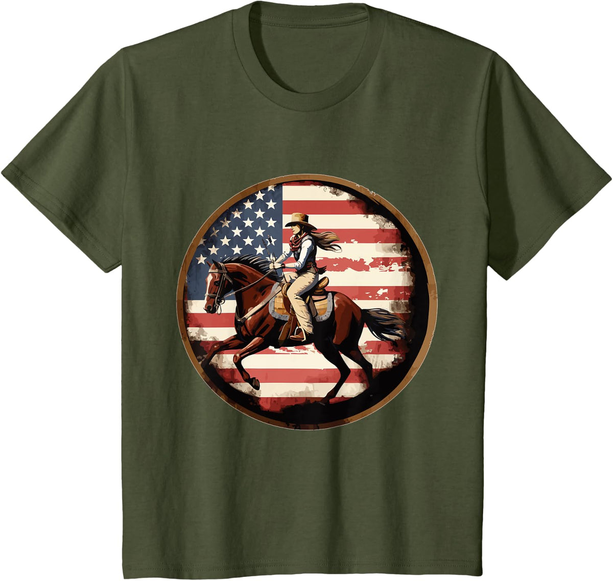 Barrel Racing Horses Western Rodeo Horse Cowgirl T-Shirt - Olive Green