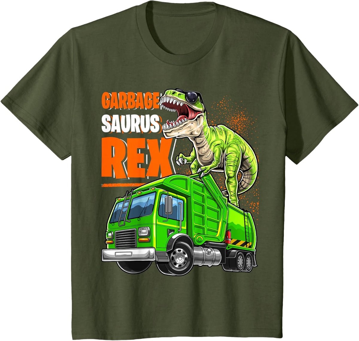Garbage Saurus Rex T Rex Dinosaur Funny Garbage Truck Boys T-Shirt - Olive Green