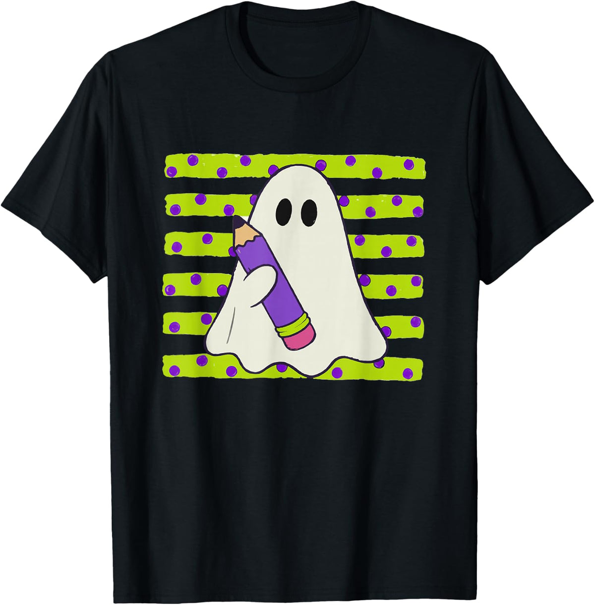 Halloween Teacher Striped Fall Spooky Ghost Pencil T-Shirt - Black