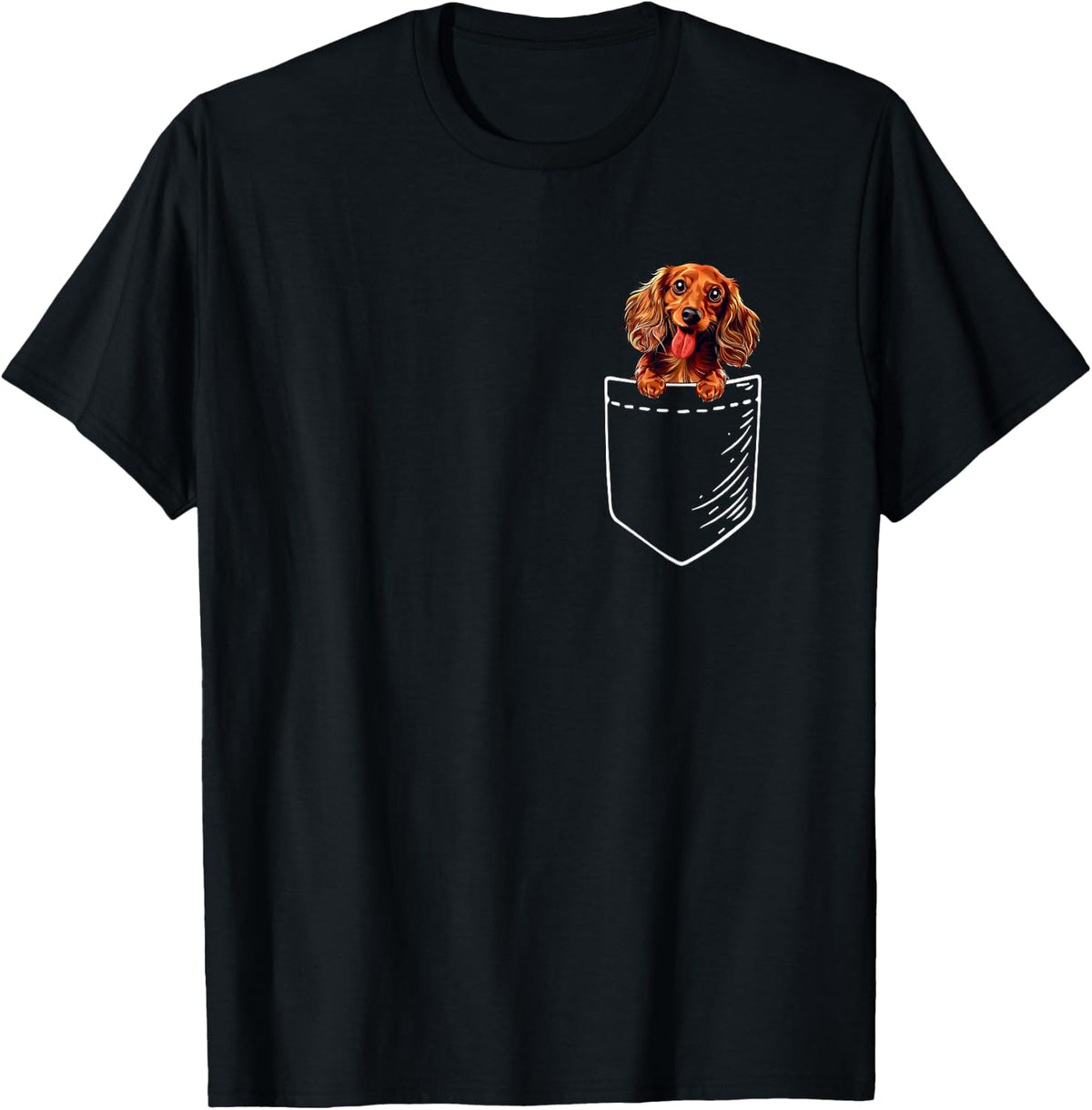 Cute Mens Womens Girls Pocket Long Haired Dachshund Lover T-Shirt - Black