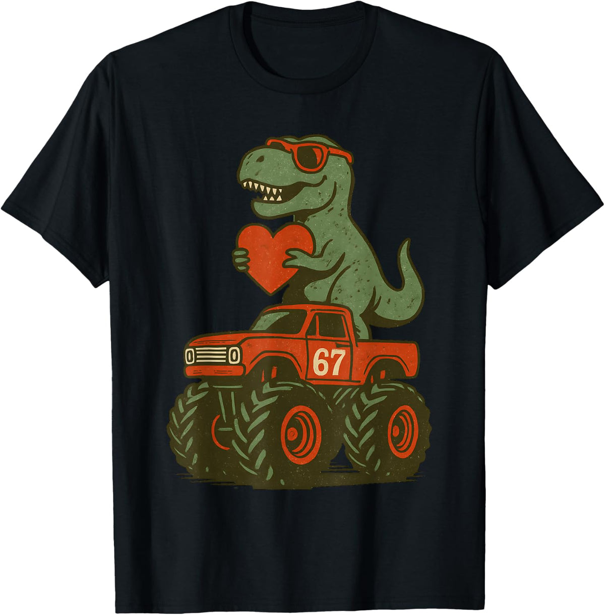 Valentines Day Trex 67 Meme Dinosaur 6 7 Dino Riding Truck T-Shirt - Black
