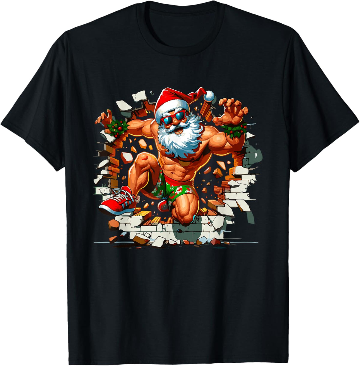 Santa Breaking Through Wall Xmas in July Boys Ugly Christmas T-Shirt - Black