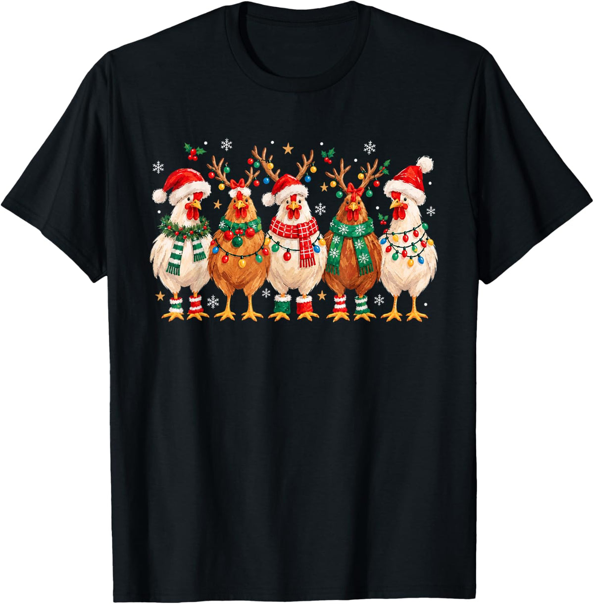Funny Chickens Christmas Lights Santa Hat Reindeer Xmas Tree T-Shirt - Black