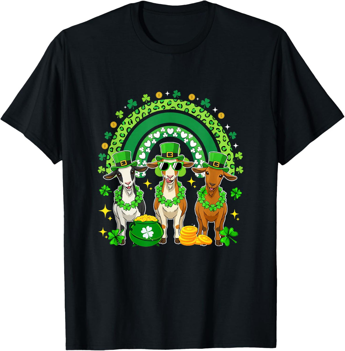 Three Cute Goats St. Patrick's Day Shamrocks Rainbow T-Shirt - Black