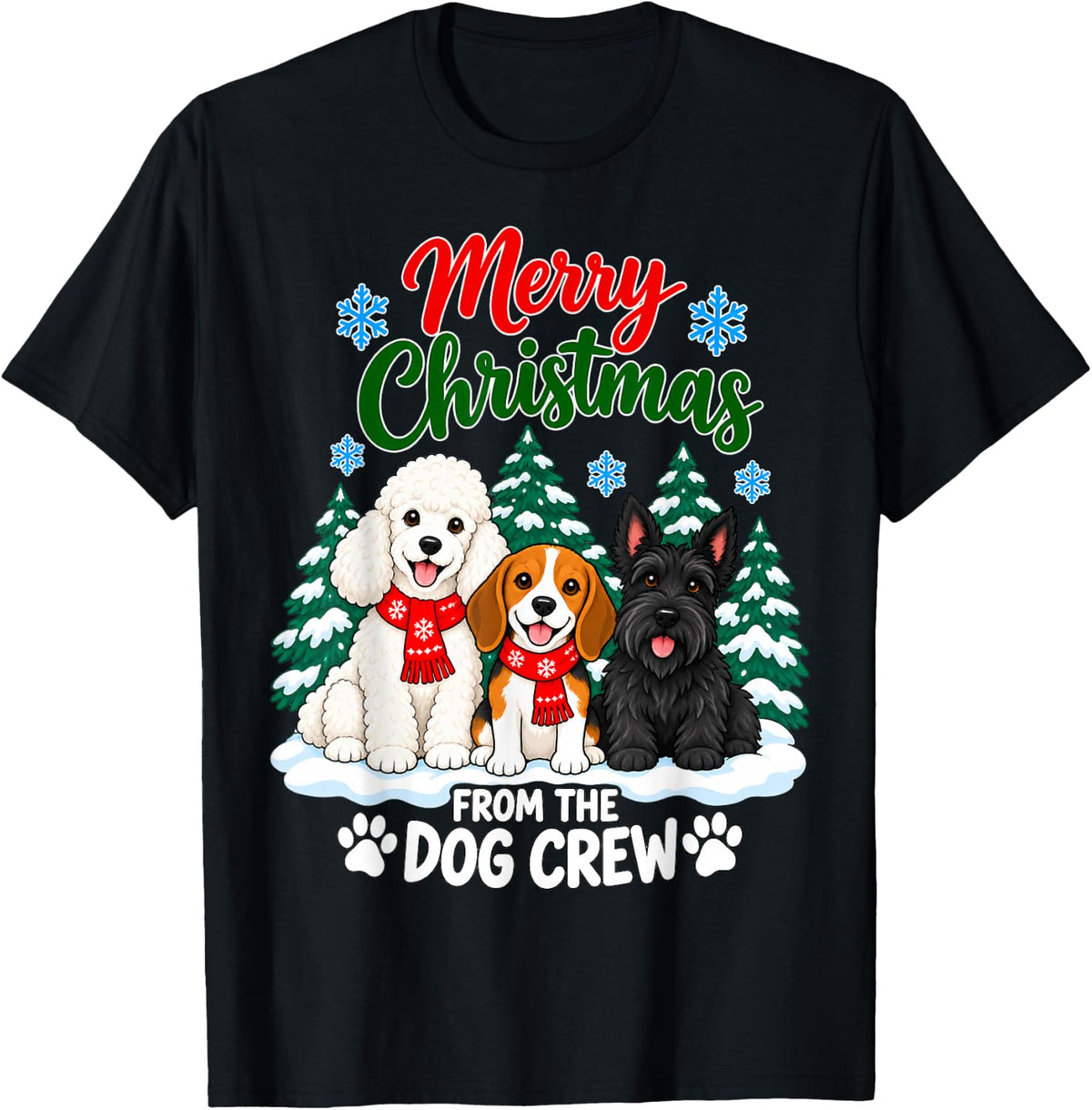 Merry Christmas Dog Crew Poodle Beagle Scottie Snow Dogs T-Shirt - Black