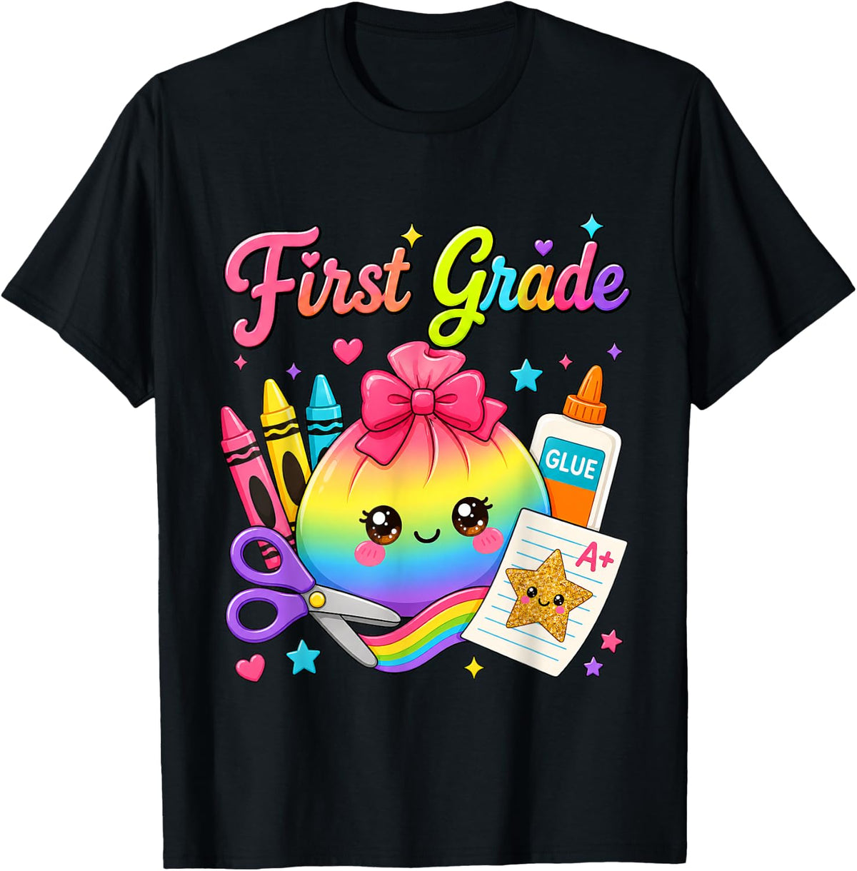 1st Grade Cute Dumpling Bow Teachers Kids Back to School T-Shirt - Black