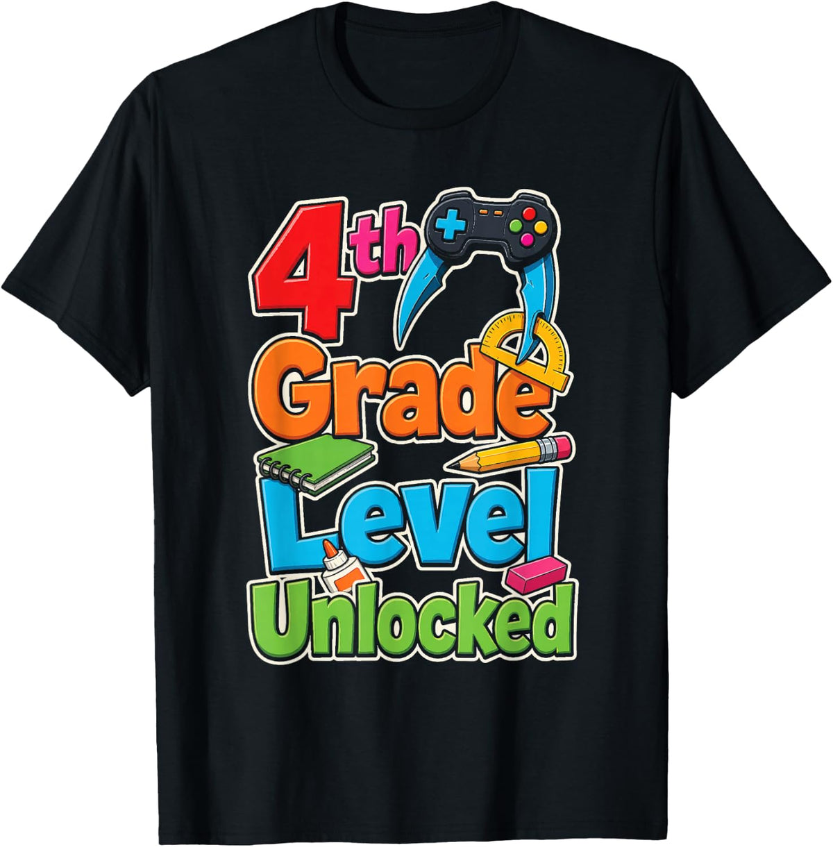 4th Grade Level Unlocked Video Game First Day Boys Girls T-Shirt - Black