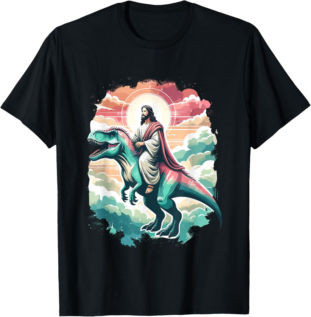 Funny Jesus Riding T-Rex Dinosaur Meme Parody for Believers T-Shirt - Black