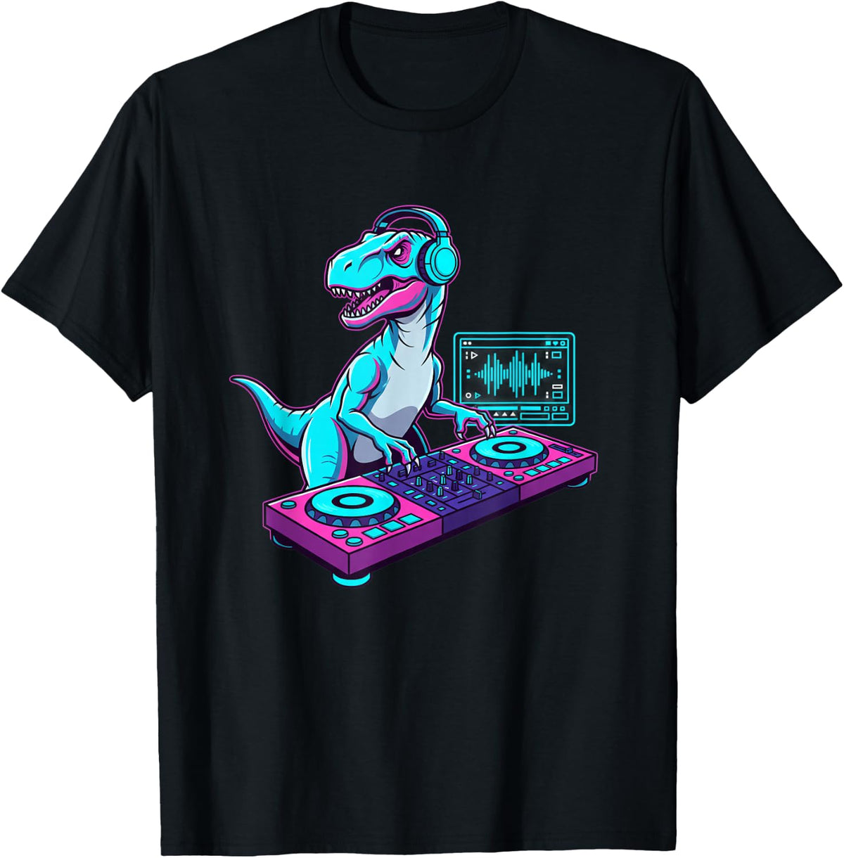 Mythical & Prehistoric DJ Dinosaur Raptor Turntable DJ T-Shirt - Black