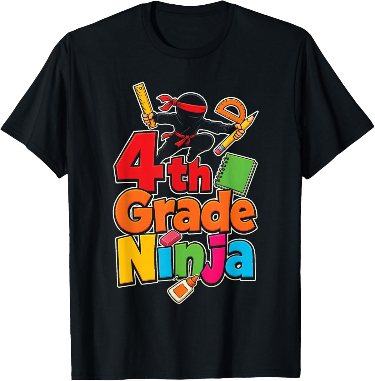 4th Grade Ninja Cartoon Kids First Day Ruler Protractor T-Shirt - Black