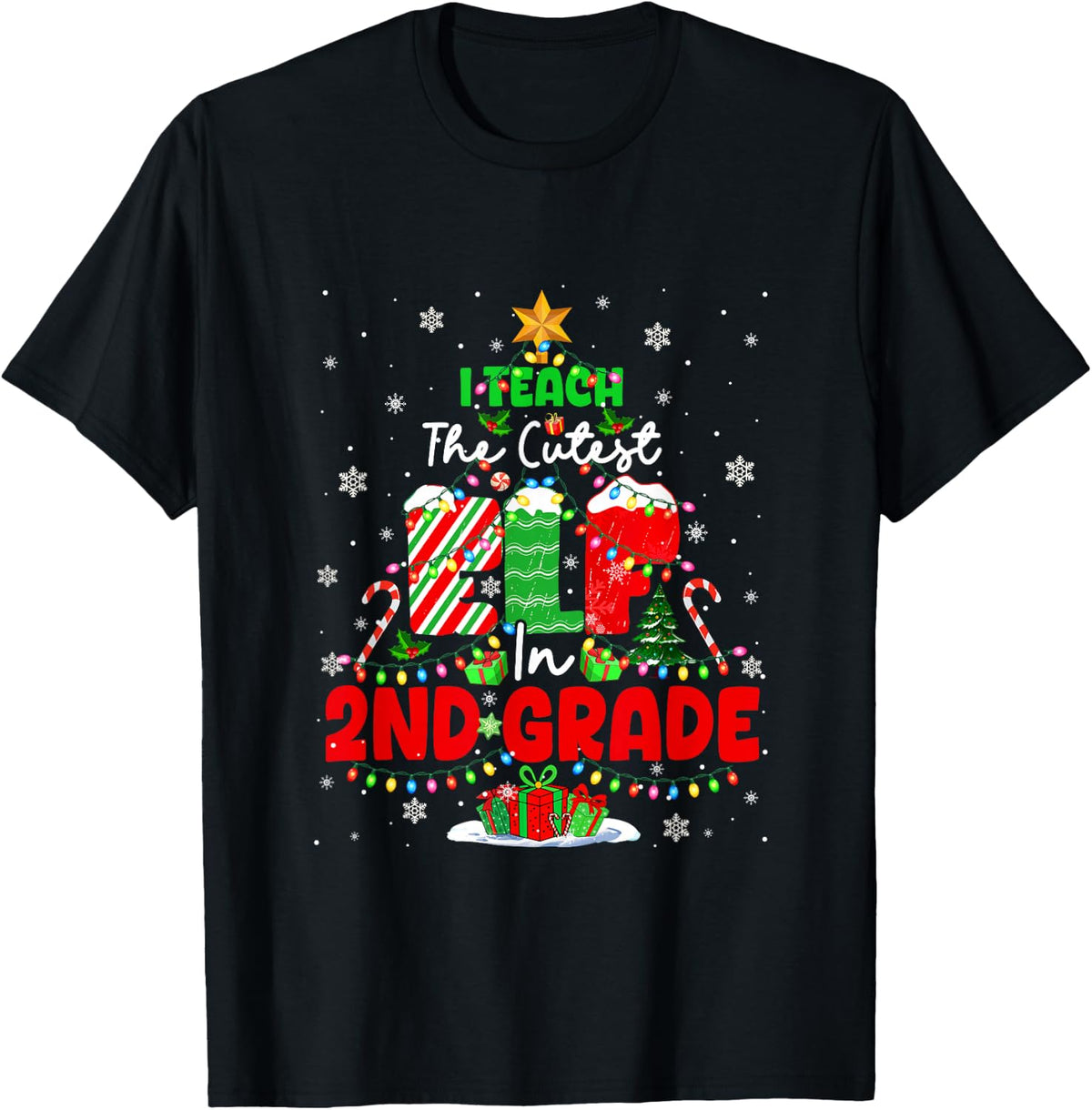 I Teach The Cutest Elf in 2nd Grade Christmas Tree Teacher T-Shirt - Black