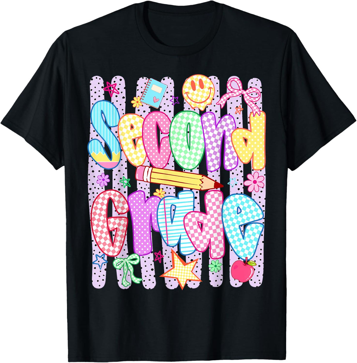 Second Grade Teacher Shirt for Women Men Striped Pencil Coquette Back to School Tees T Shirts - Black