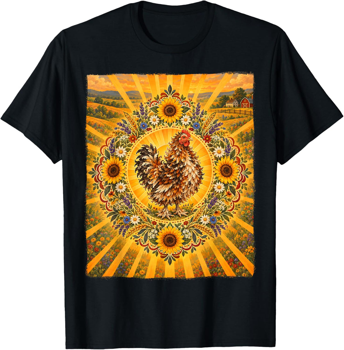 Frizzle Chicken Sunflower Farmhouse Backyard Chickens T-Shirt - Black