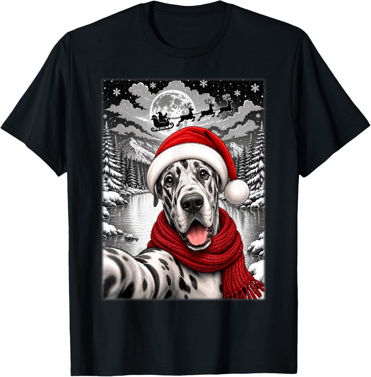 Great Dane Dog Christmas Selfie Moon Night Starry Sky Xmas T-Shirt - Black
