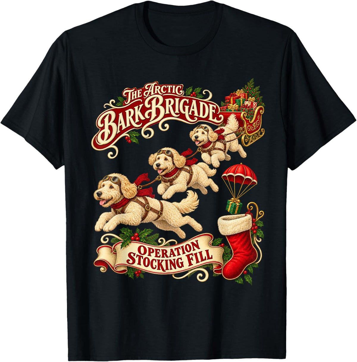 Labradoodle Dog Cute Xmas Flying Sleigh T-Shirt - Black