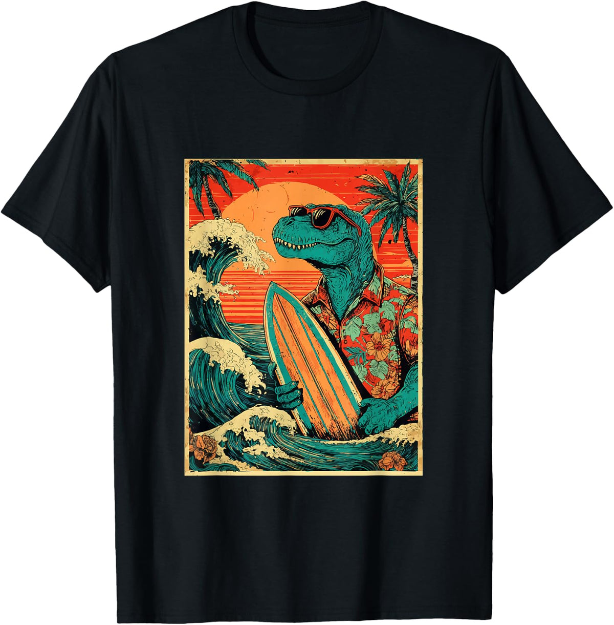 Retro Surfing Tyrannosaurus Hawaiian Summer Dinosaur Surfer T-Shirt - Black