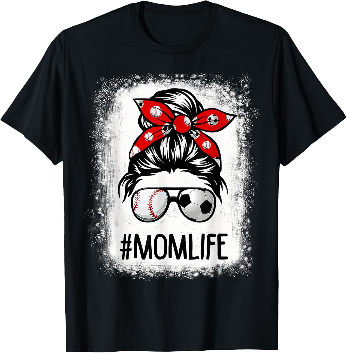 Bleached Mom Life Soccer Messy Bun Baseball Game Day T-Shirt - Black