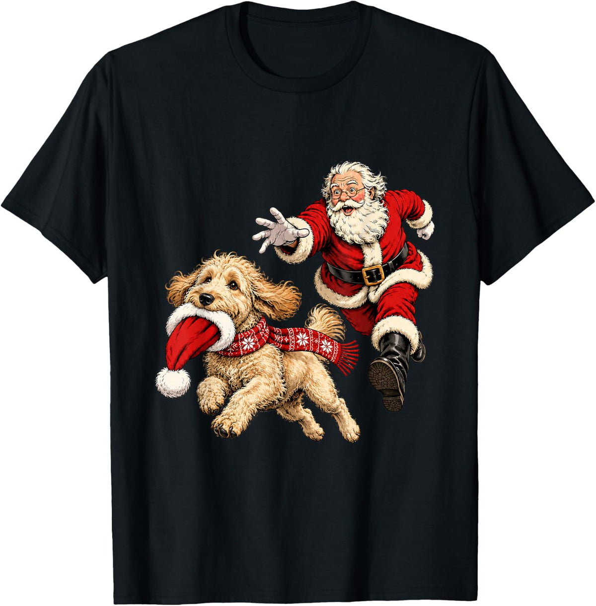 Funny Santa Chasing Labradoodle Christmas Dog Mom Pet T-Shirt - Black