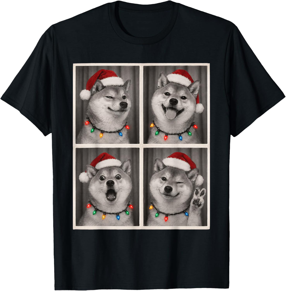 Christmas Photo Booth Selfie Funny Shiba Inu T-Shirt - Black