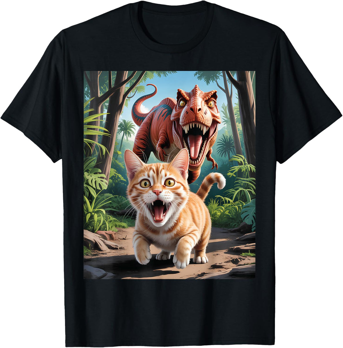 Funny Cat Selfie with Trex Dinosaur T-Shirt - Black