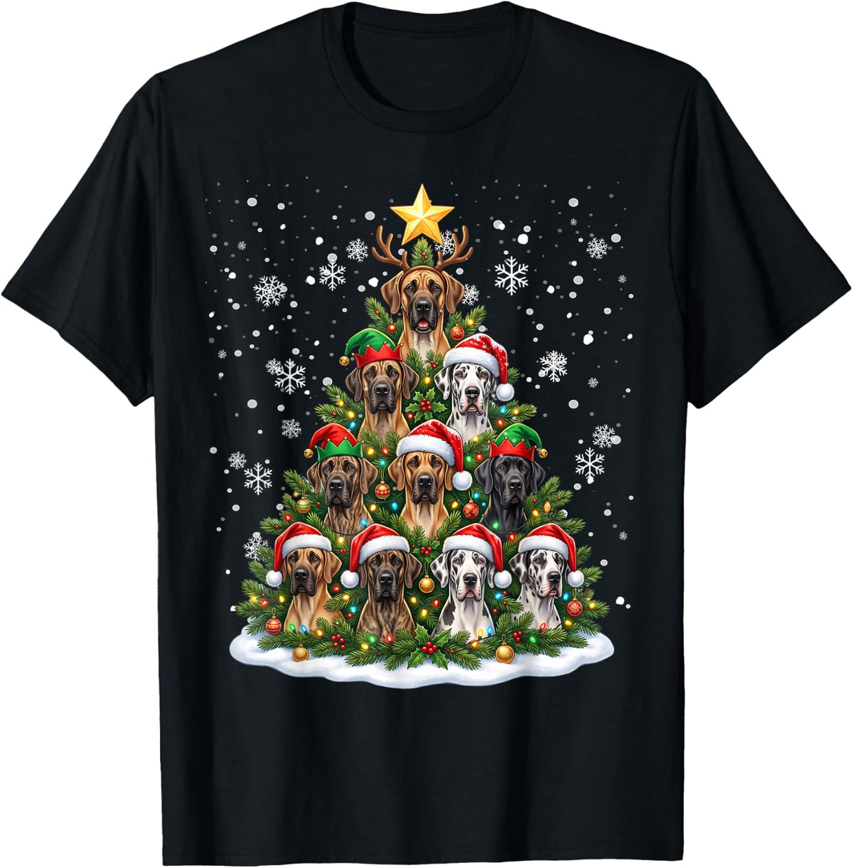 Funny Christmas Tree Great Dane Family Xmas Pajamas T-Shirt - Black