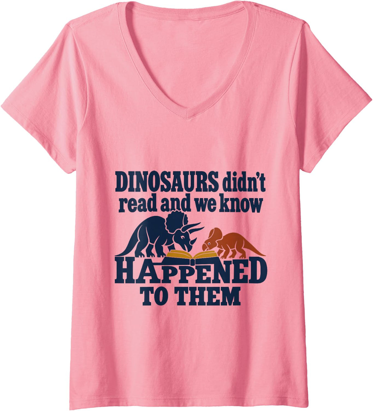 Women's Dinosaur Reading Triceratops Prehistoric Bookworm Humor V-Neck T-Shirt - Pink