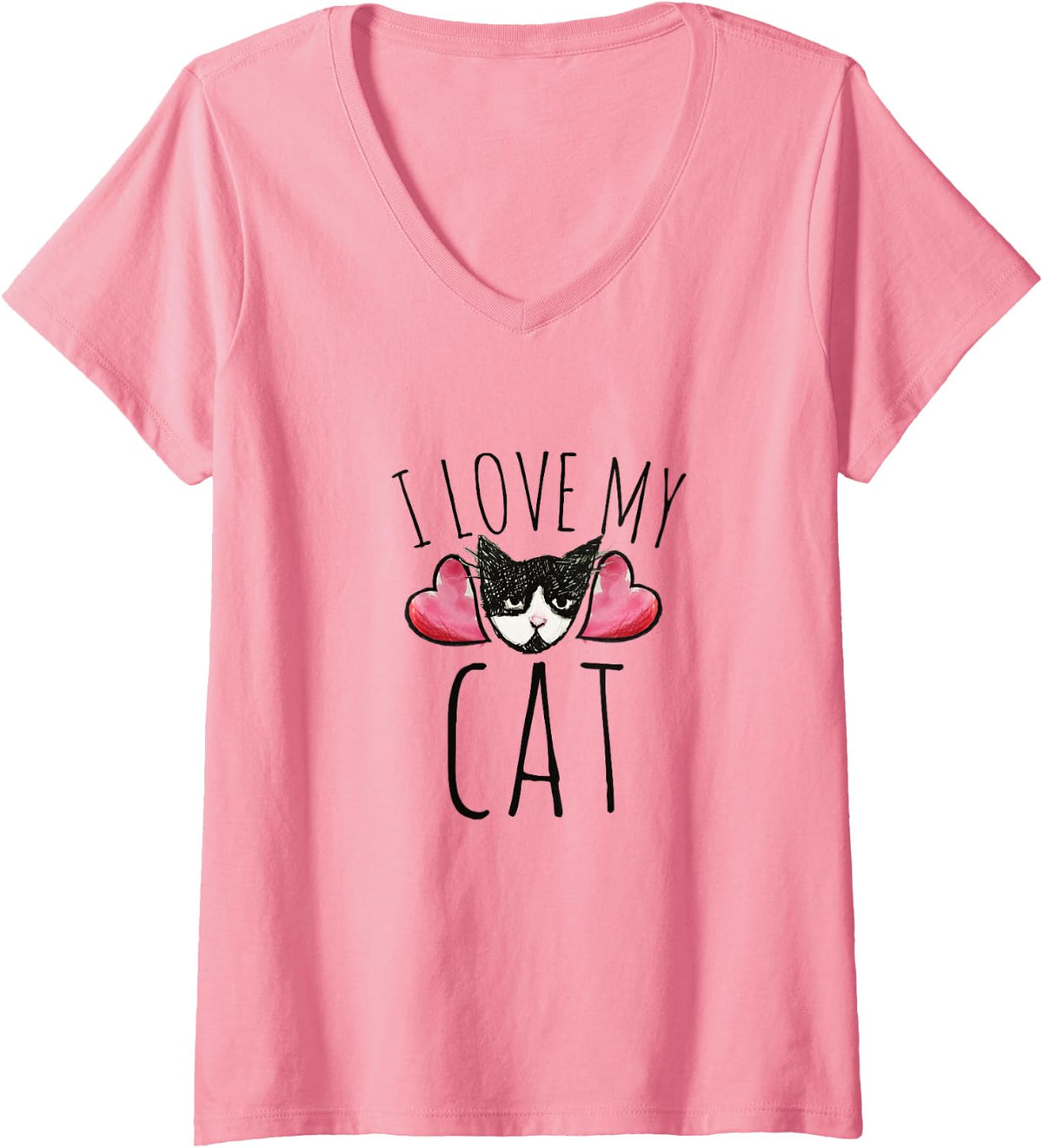 Women's I Love My cat Cute Kitty Cats Tuxedo cat V-Neck T-Shirt - Pink