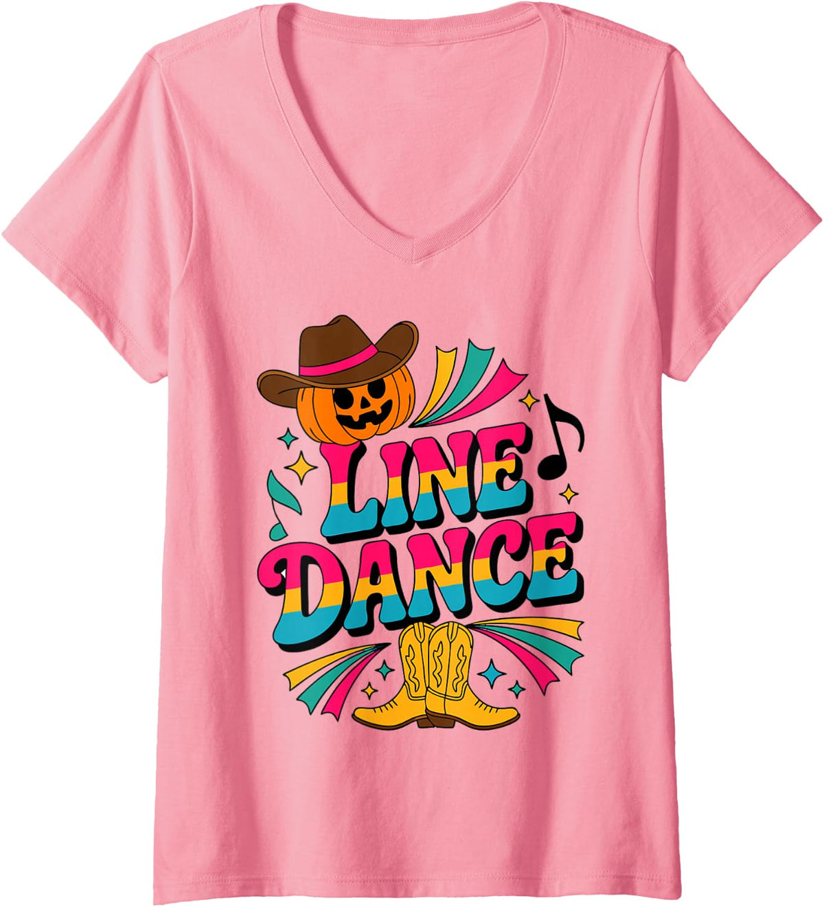 Womens Halloween Line Dancer Pumpkin with Cowboy Hat V-Neck T-Shirt - Pink