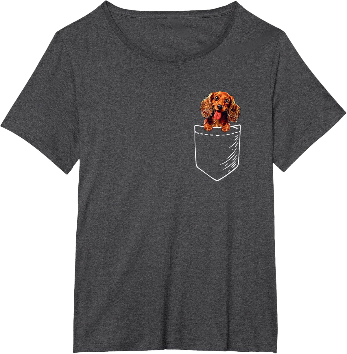 Cute Mens Womens Girls Pocket Long Haired Dachshund Lover T-Shirt - Dark Heather Grey