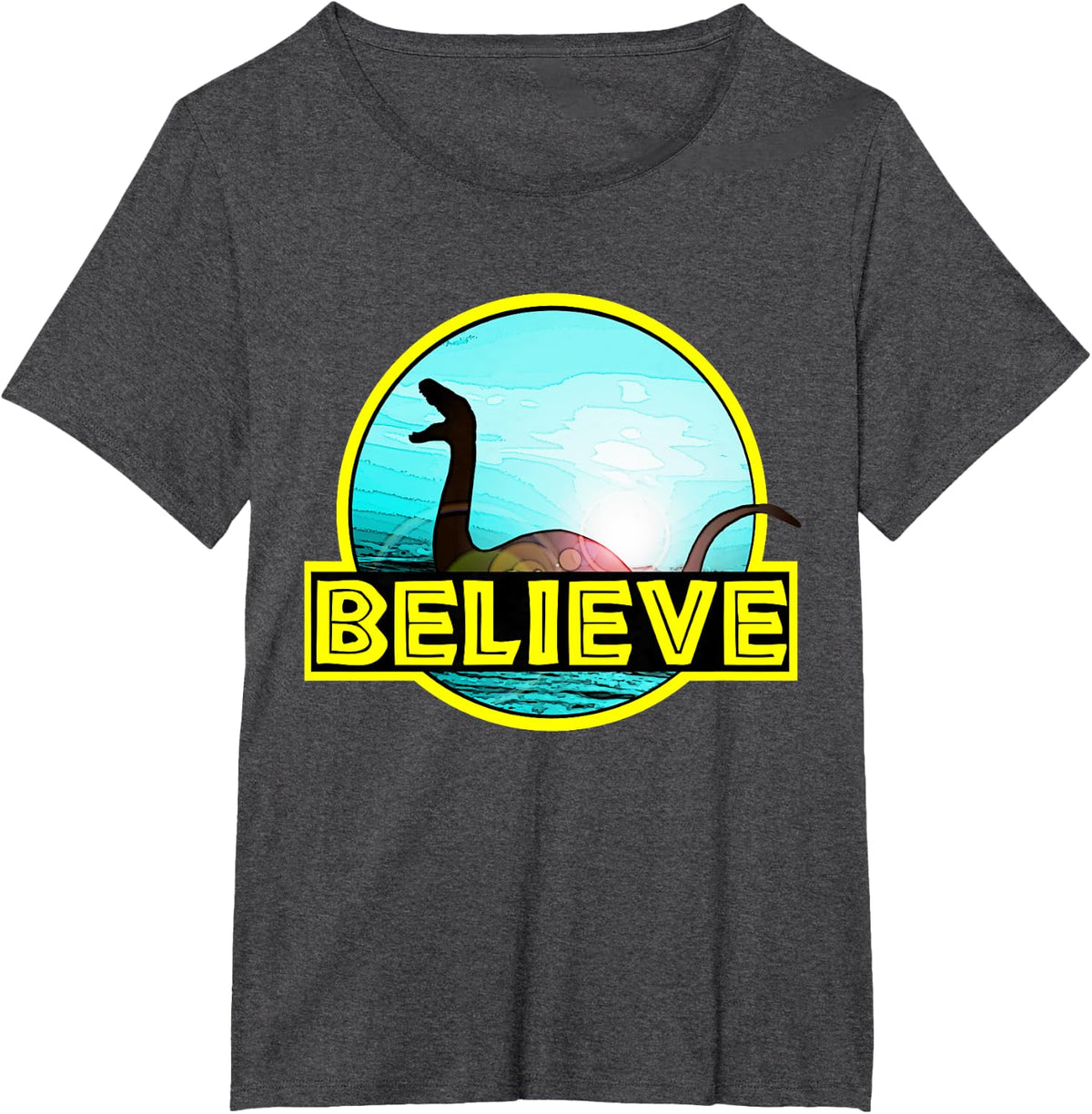 Believe Sea Monsters Ocean Plesiosaur Dinosaur Nessie Champ T-Shirt - Dark Heather Grey