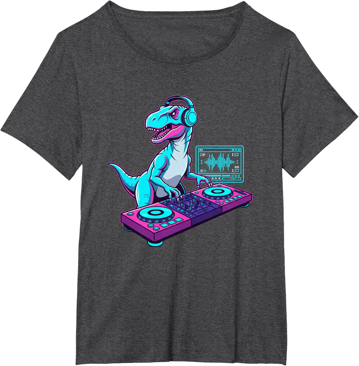Mythical & Prehistoric DJ Dinosaur Raptor Turntable DJ T-Shirt - Dark Heather Grey