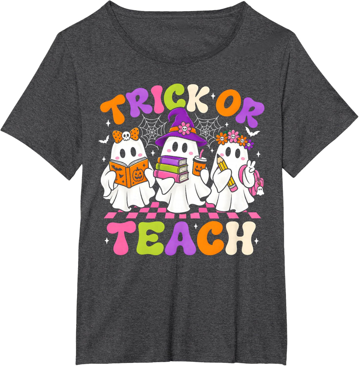 Trick Or Teach Groovy Teacher Halloween Retro Teacher Ghost T-Shirt - Dark Heather Grey