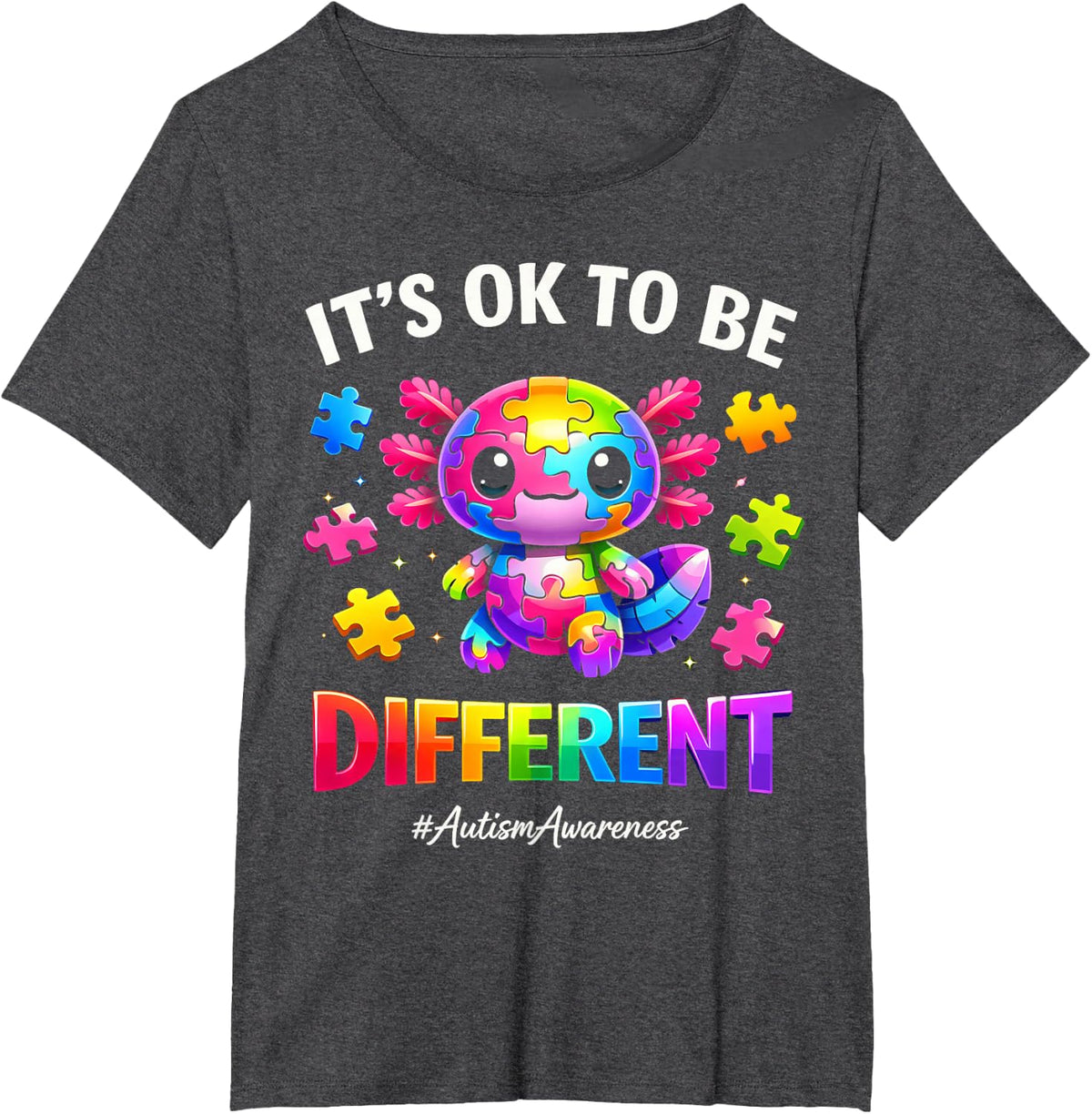 Its Ok to Be Different Axolotl Autism Awareness Month T-Shirt - Dark Heather Grey
