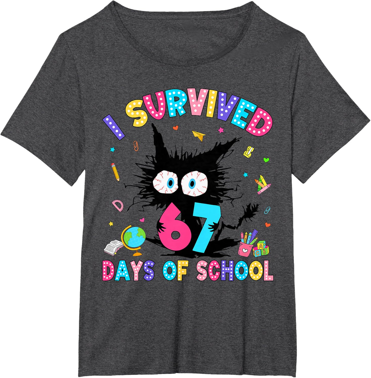 I Survived 67 Days of School Six Seven Meme Slang Black Cat T-Shirt - Dark Heather Grey
