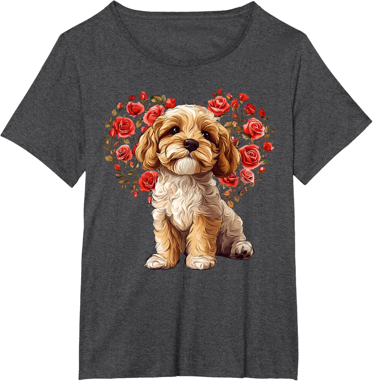 Cavapoo Valentine’s Day Floral Heart Design for Dog Lovers T-Shirt - Dark Heather Grey