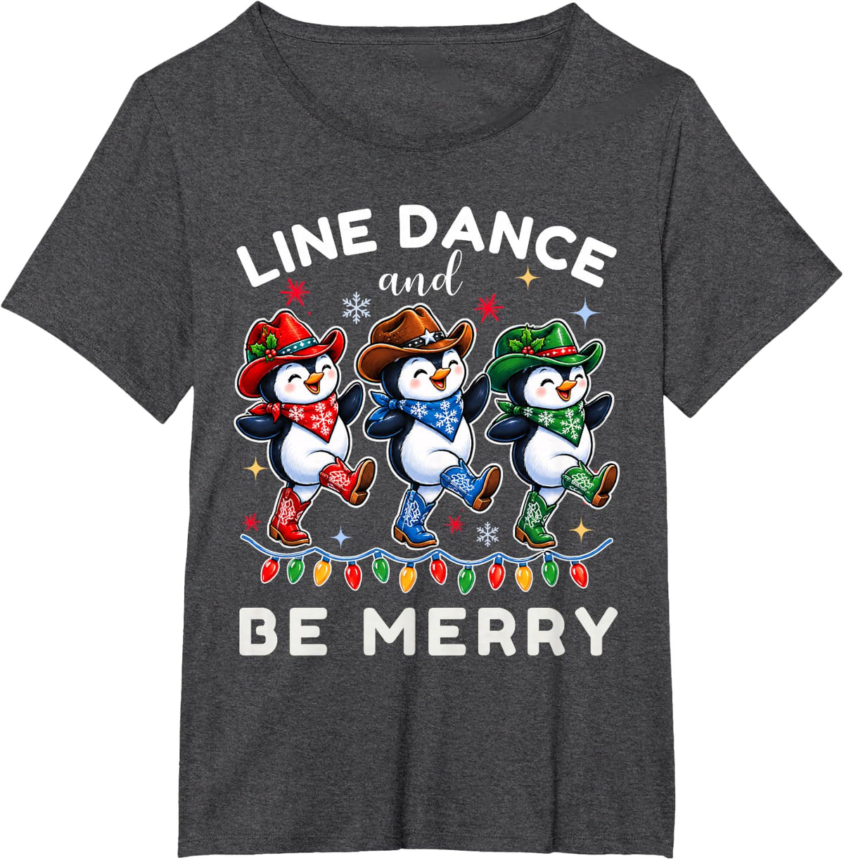 Be Merry Penguins Western Line Dance Christmas T-Shirt - Dark Heather Grey