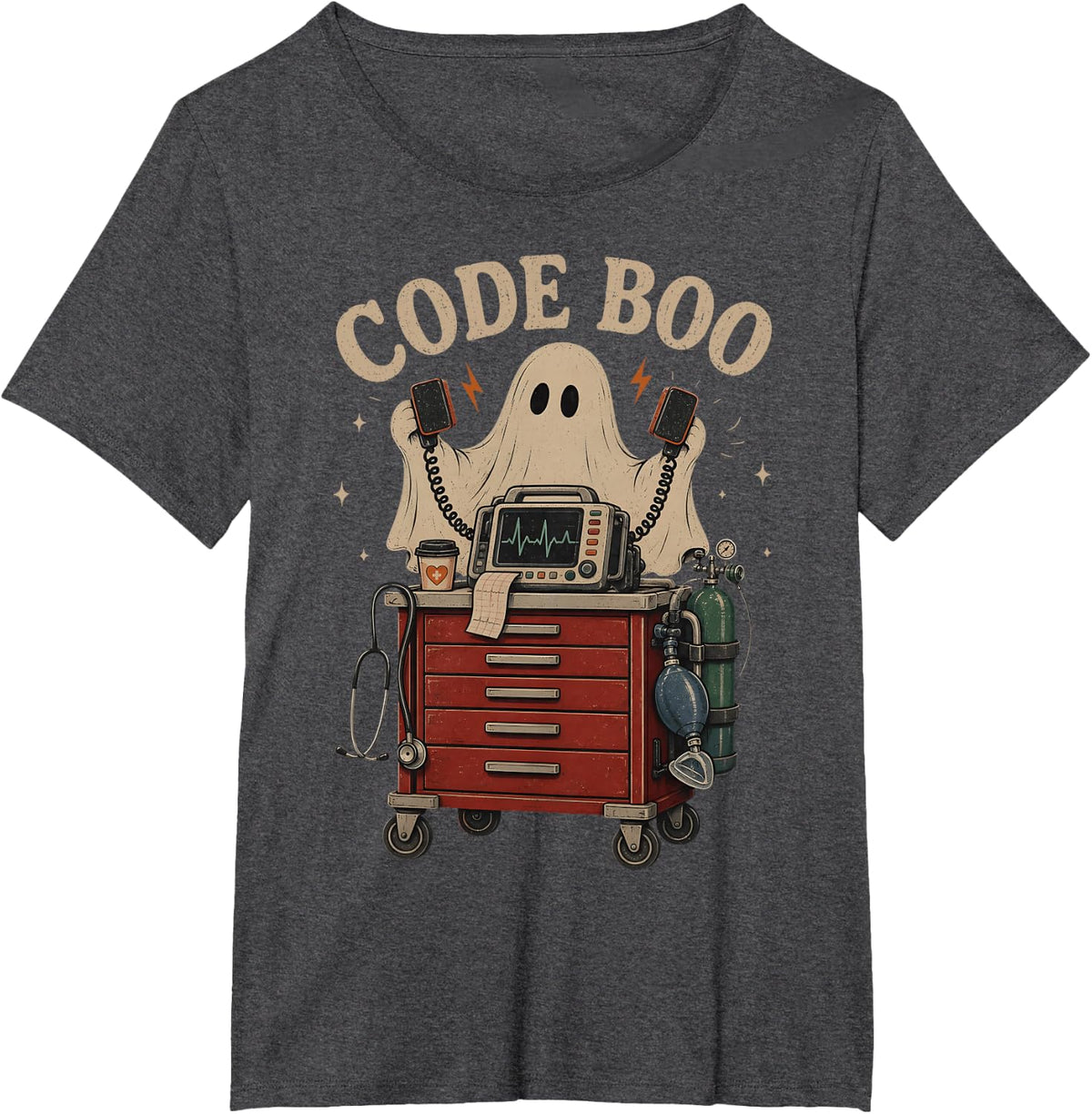 Code Boo Funny Ghost Halloween Nurse Respiratory RN ICU T-Shirt - Dark Heather Grey
